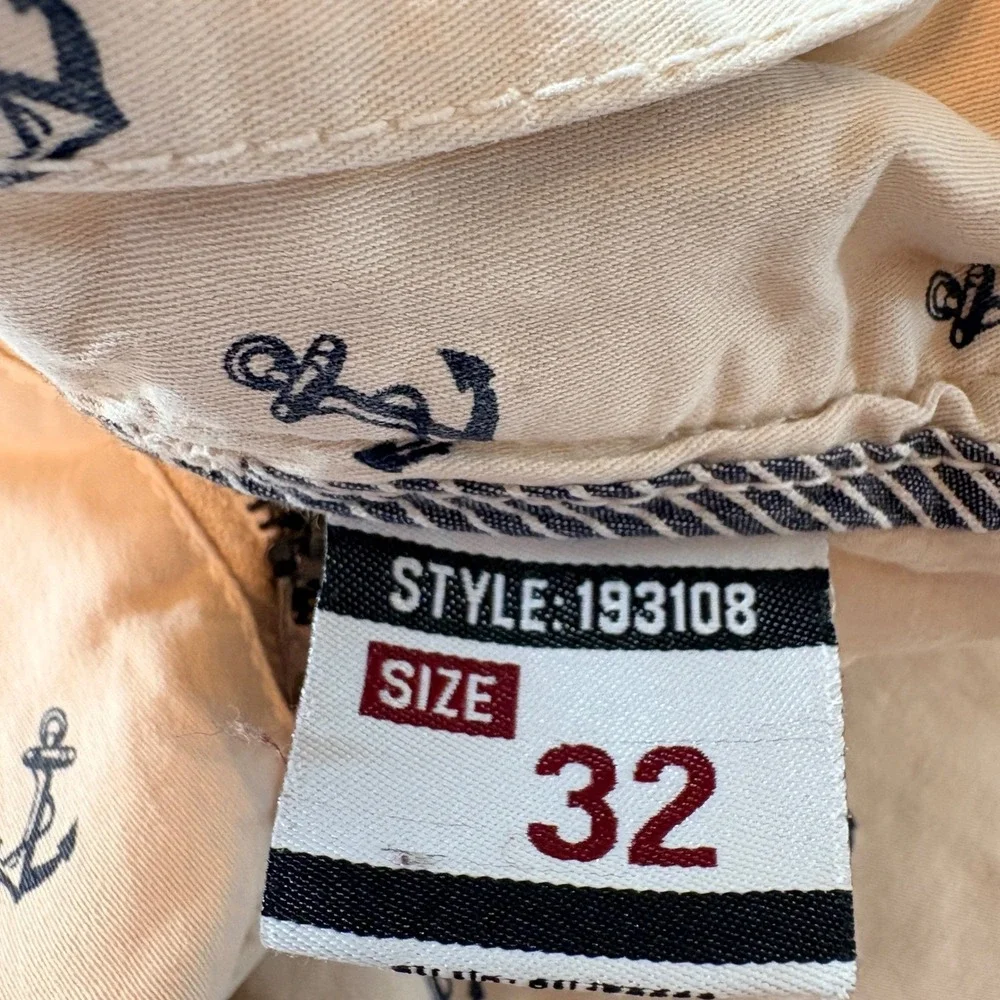 Bespoke Sport Anchor Print Chino Shorts Men 32 Tan Nautical Cotton Summer Casual